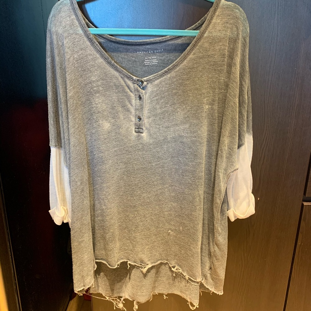American Eagle Frayed Oversized Button Tee